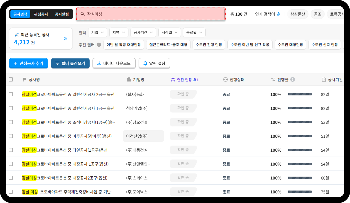 잠실 르엘 공사정보 검색 결과 – '잠실미성' 키워드 검색 시 총 130건 조회