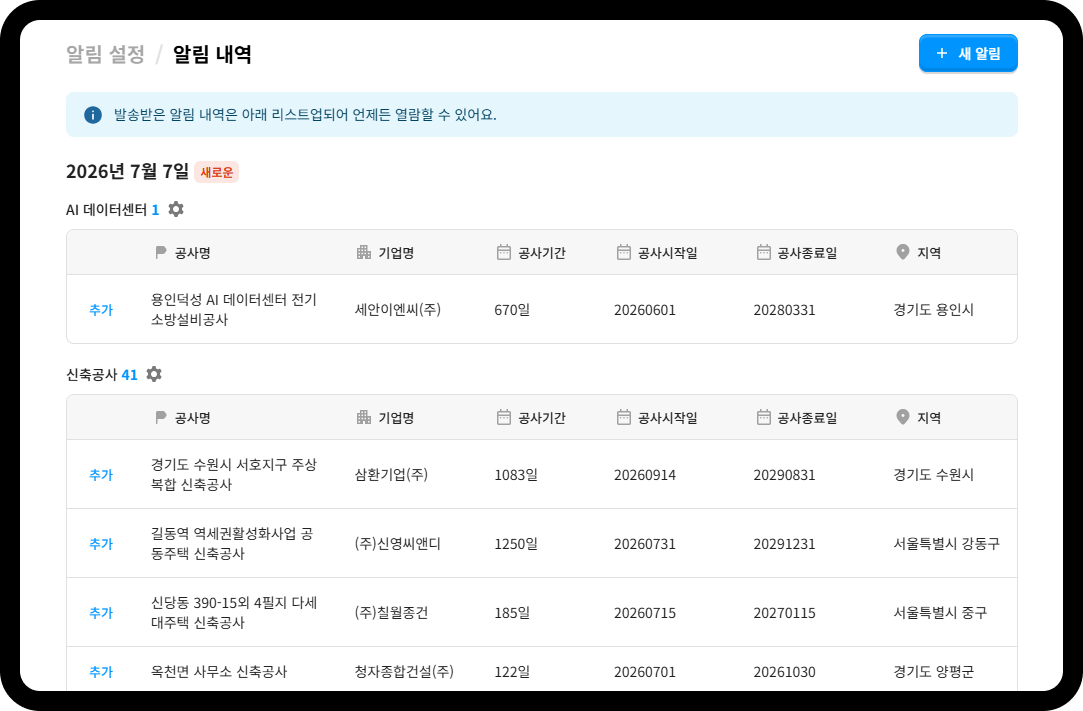 공사알림 수신 내역 화면 – 2026년 7월 7일 기준 신축공사 41건·AI 데이터센터 1건