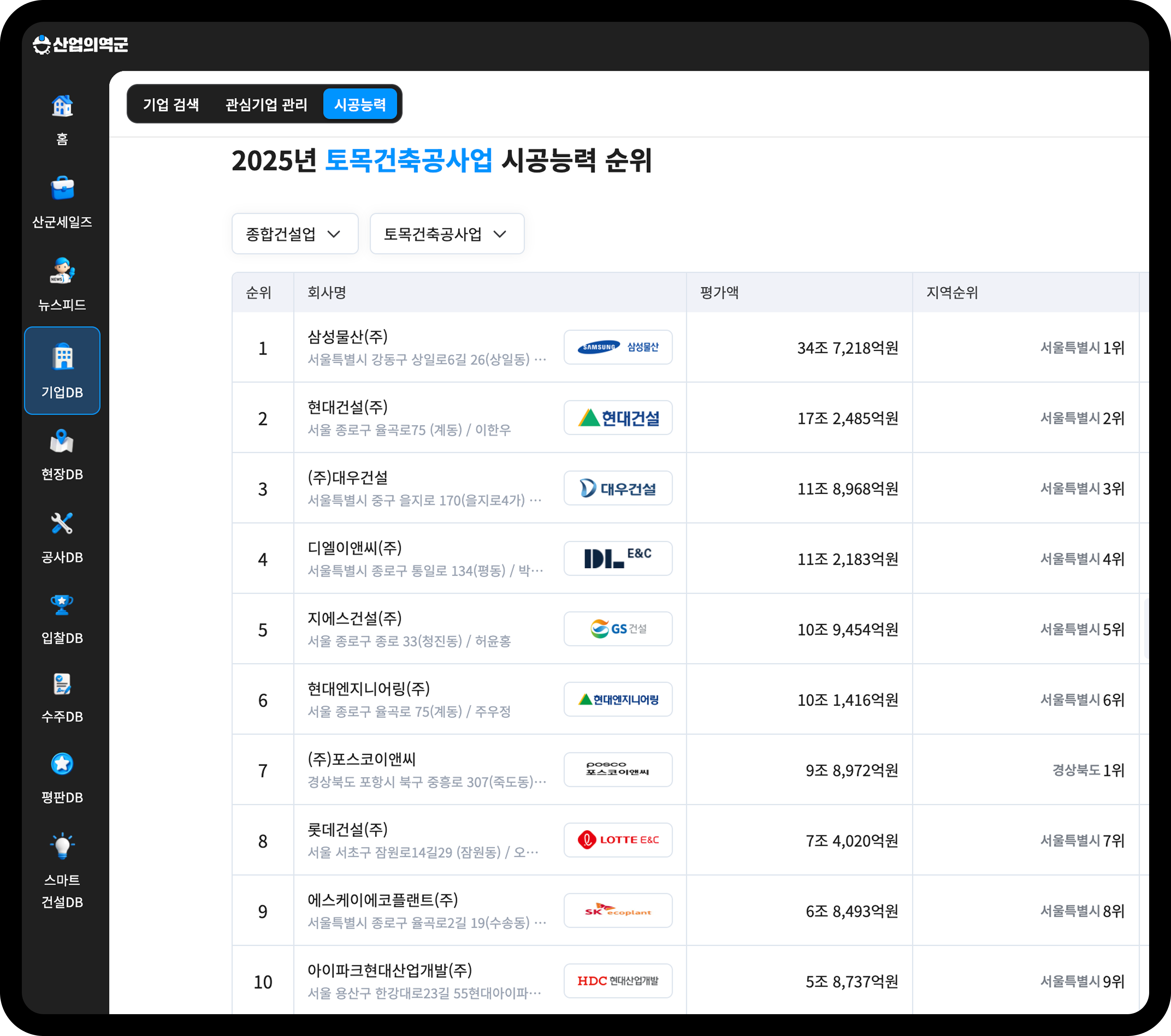 2025년 토목건축공사업 시공능력평가 순위 리스트