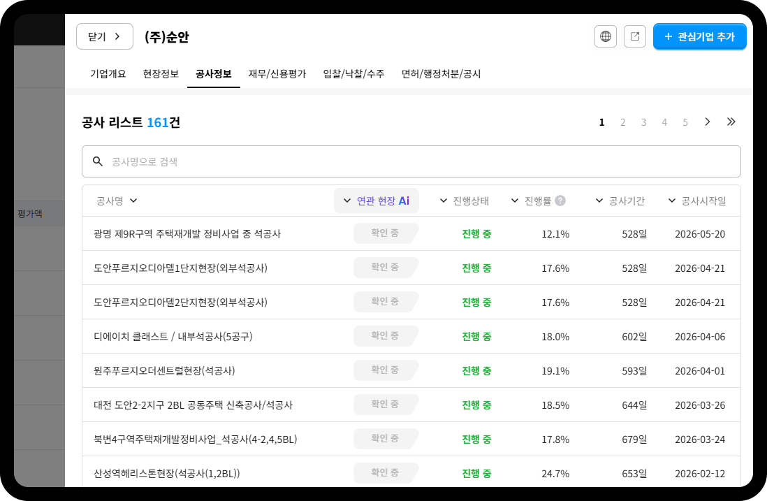 순안 공사정보 리스트 – 총 161건 중 디에이치 클래스트 내부석공사(5공구) 진행률 18.0%