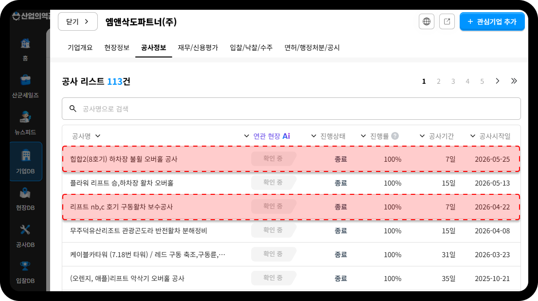 엠앤삭도파트너 단기 공사이력 – 공사리스트 113건 중 공기 7일 단기공사 하이라이트