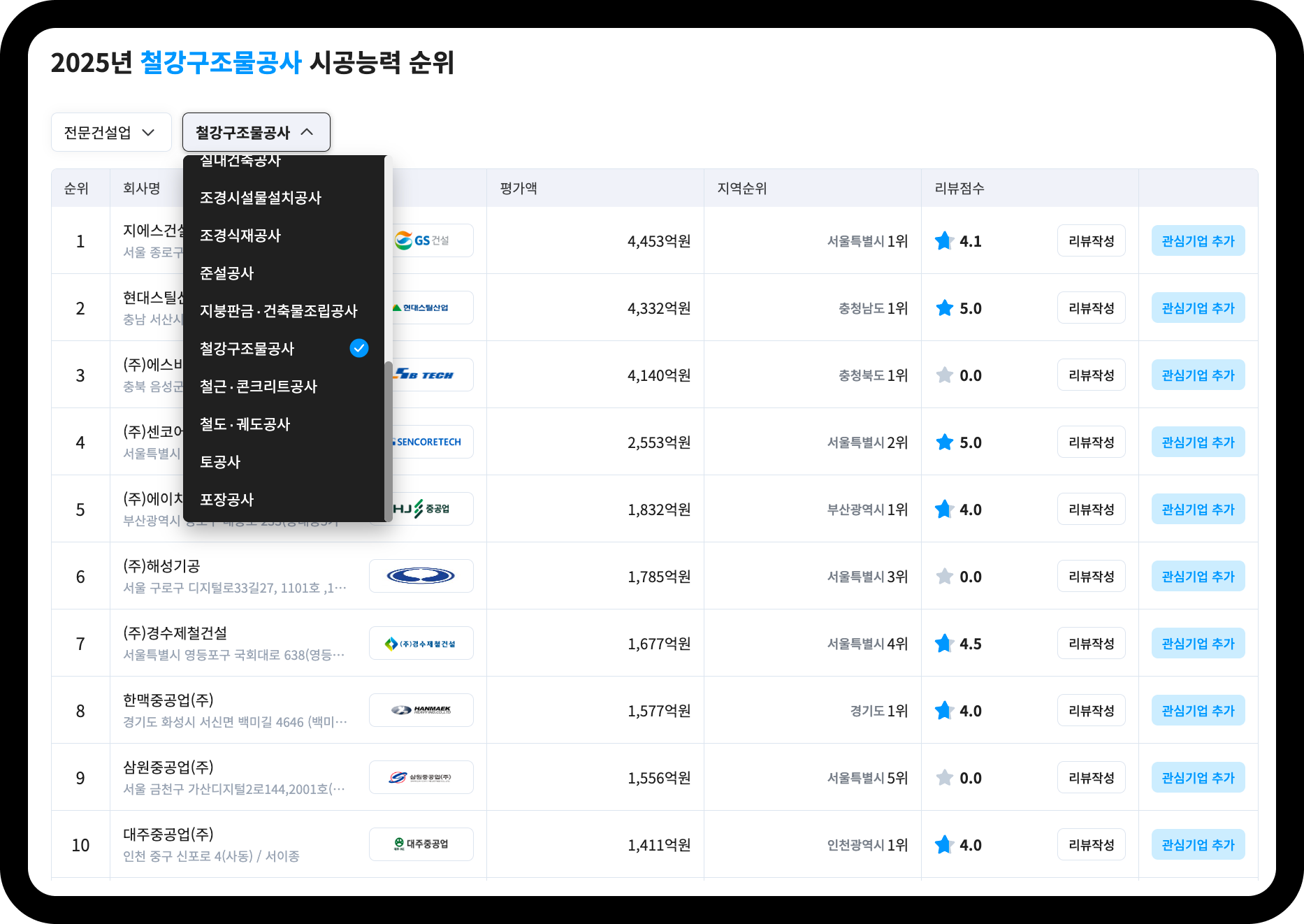 산업의역군 철강구조물공사 시공능력평가 순위 화면 – 1위 지에스건설 4,453억원, 2위 현대스틸산업 4,332억원, 3위 에스비테크 4,140억원