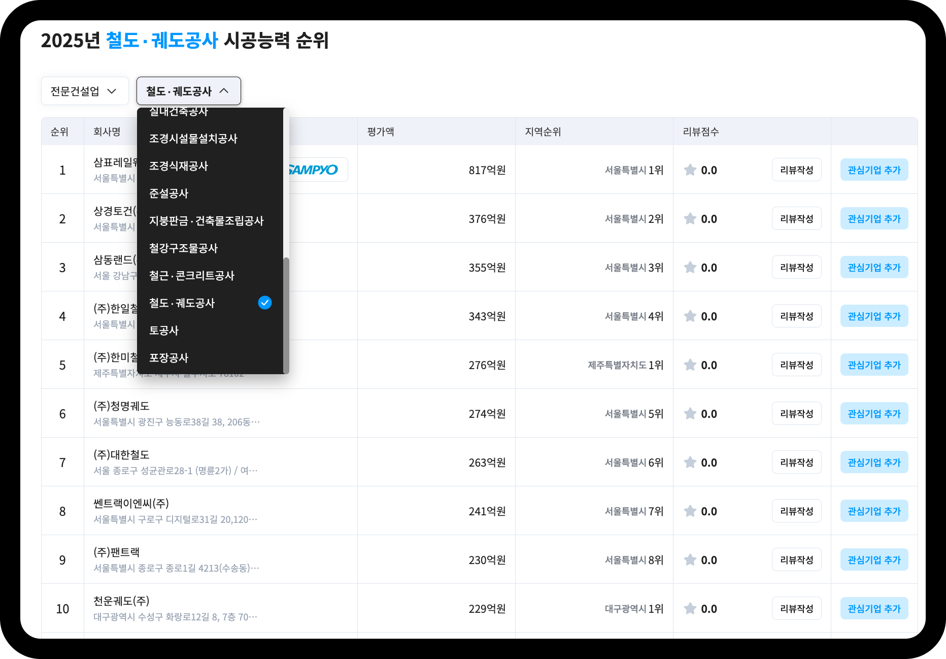 산업의역군 철도·궤도공사 시공능력평가 순위 화면 – 1위 삼표레일웨이 817억원, 2위 상경토건 376억원, 3위 삼동랜드 355억원