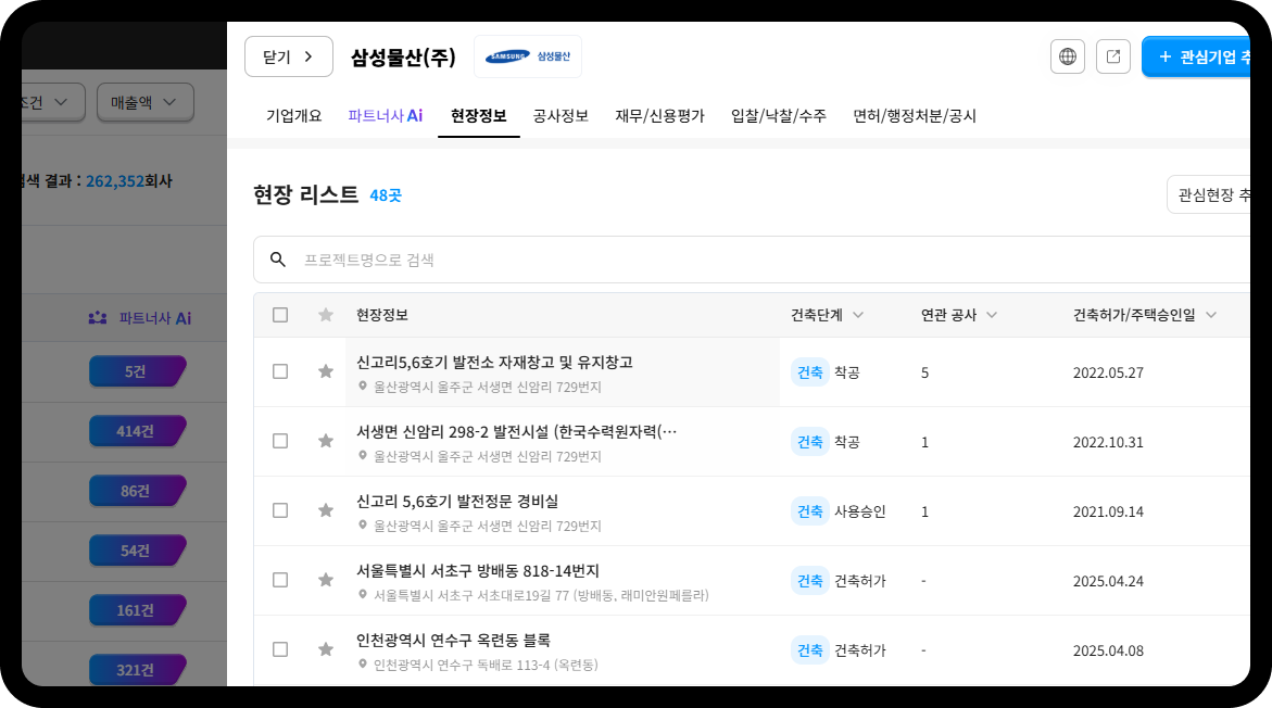 삼성물산 현장정보 – 현장 리스트 48곳, 신고리 5·6호기 발전소 자재창고 착공(연관공사 5건), 서초구 방배동 818-14번지 건축허가 2025.04.24