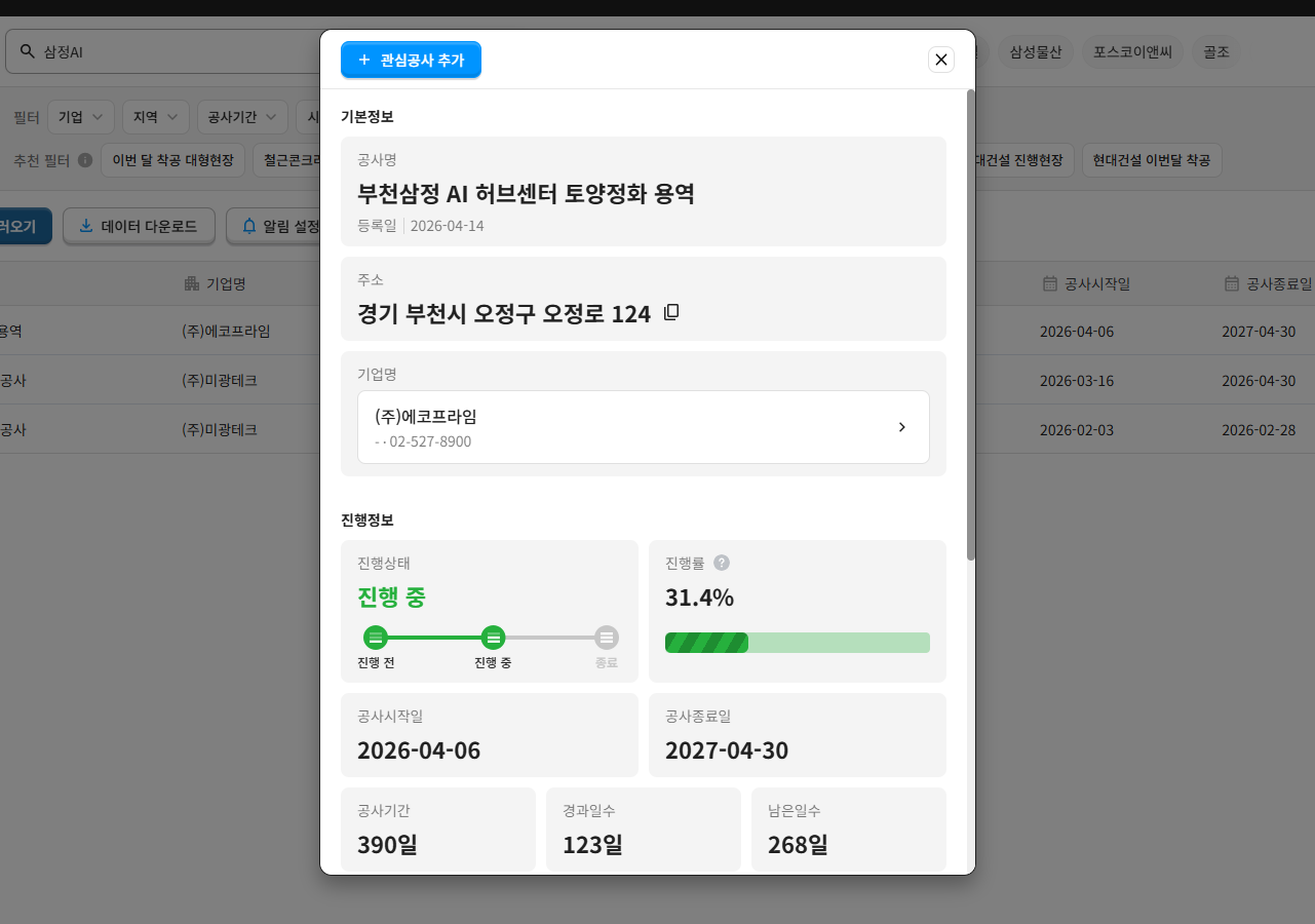부천삼정 AI허브센터 공사정보 – 부천시 오정로 124, 진행률 31.4%, 공사기간 390일