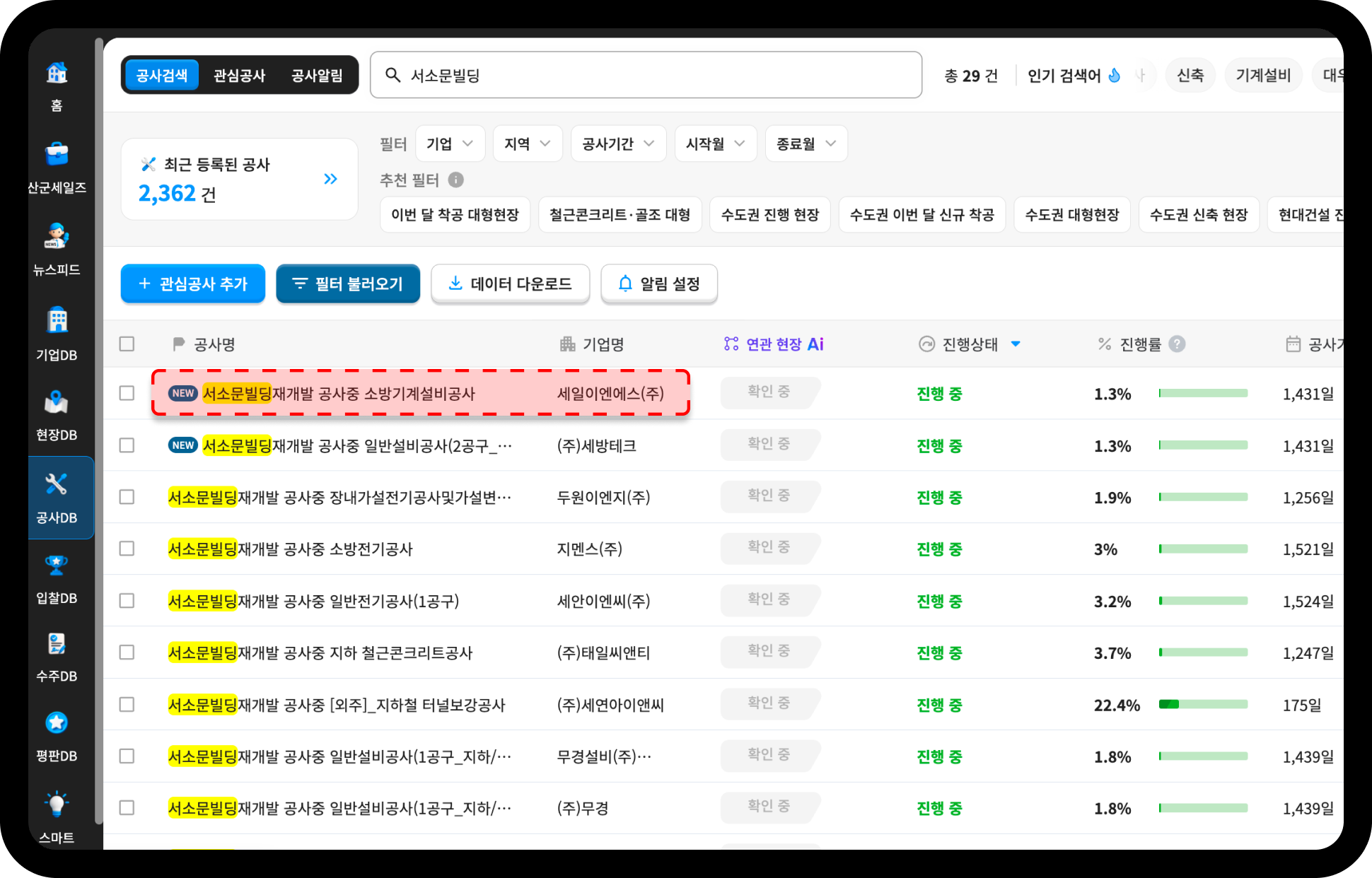 산업의역군 공사DB 서소문빌딩 소방기계설비공사 – 세일이엔에스 진행률 1.3%