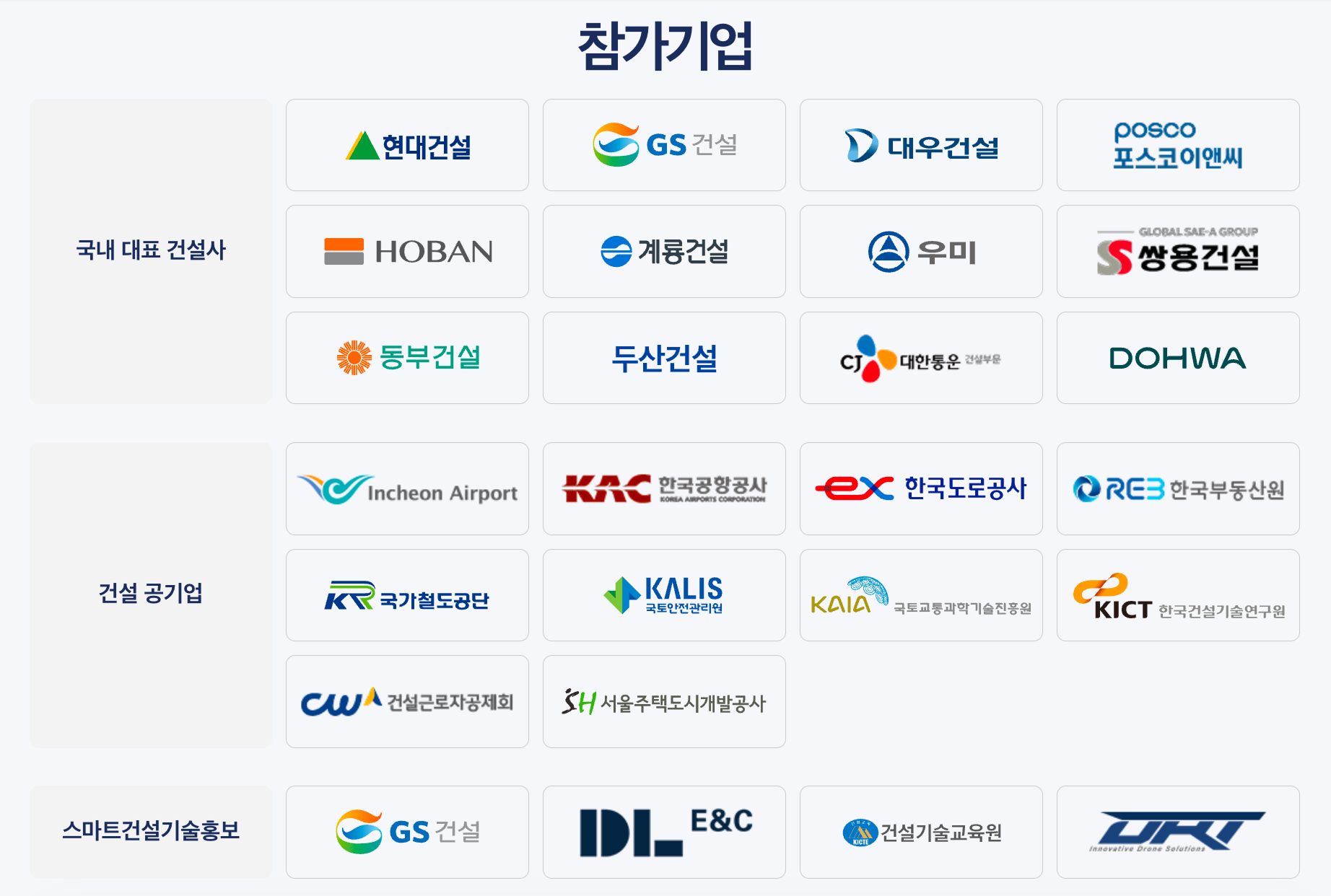 2026 스마트건설 청년인재 채용설명회 참가기업 목록 – 국내 대표 건설사 12개사, 건설 공기업 10개사, 스마트건설기술홍보 4개사