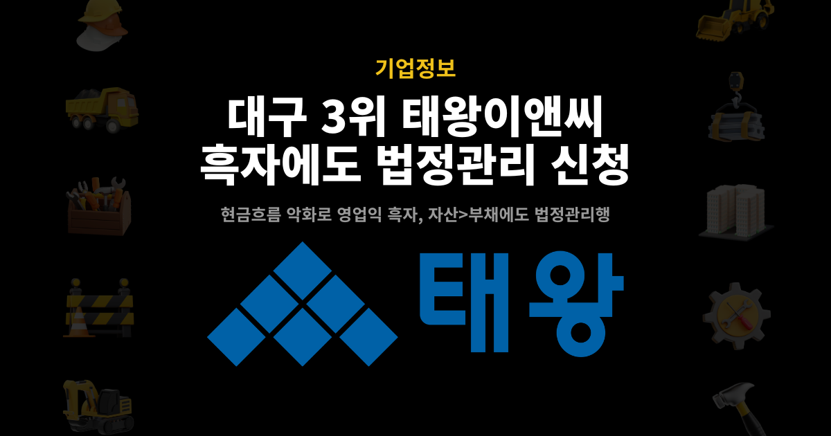 대구 3위 태왕이앤씨 법정관리 신청 – 영업익 흑자·자산>부채에도 현금흐름 악화로 회생 신청