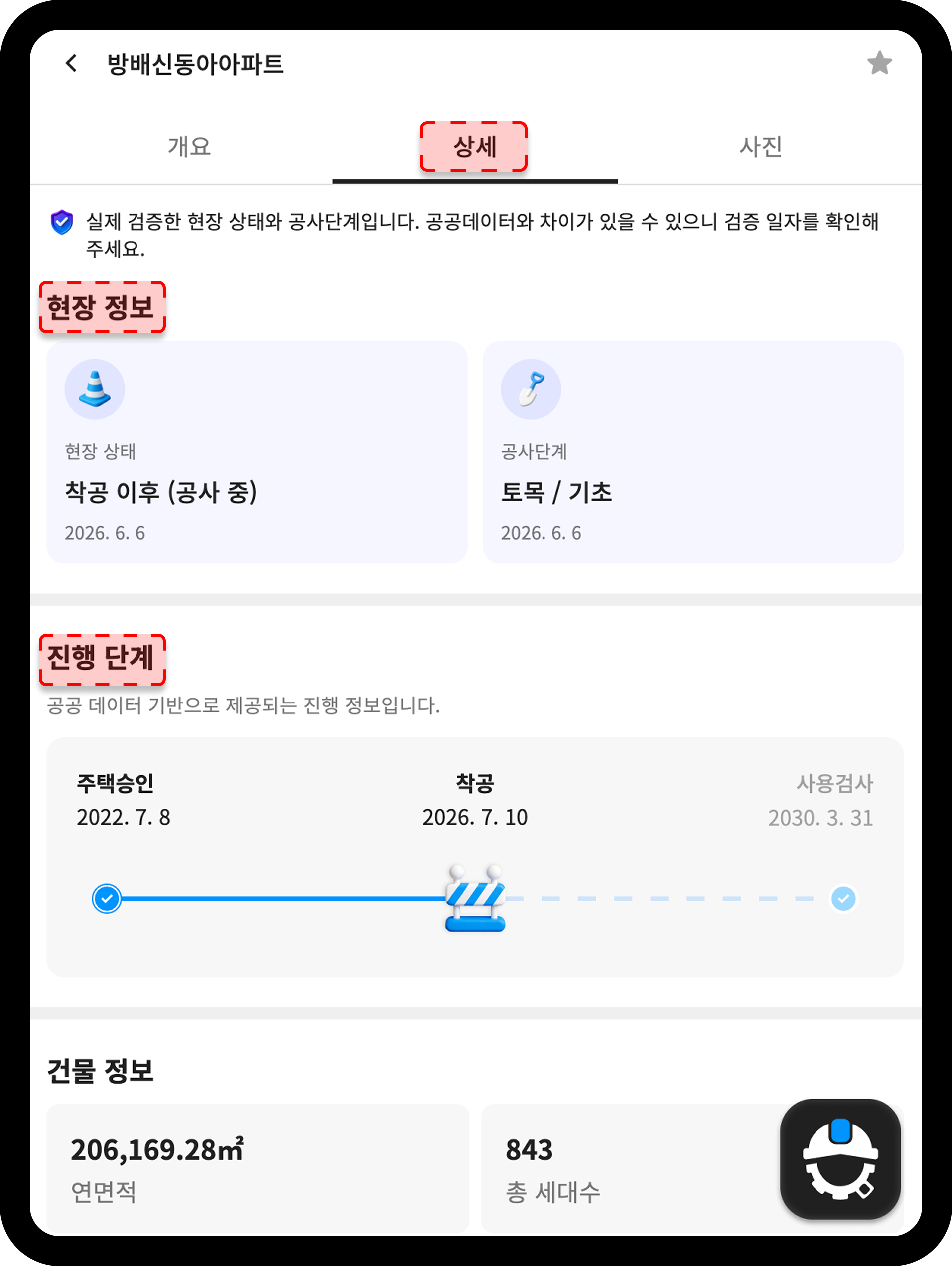 산업의역군 현장DB 상세 탭에서 방배동 재건축 현장의 인허가 정보와 공사단계를 확인하는 화면