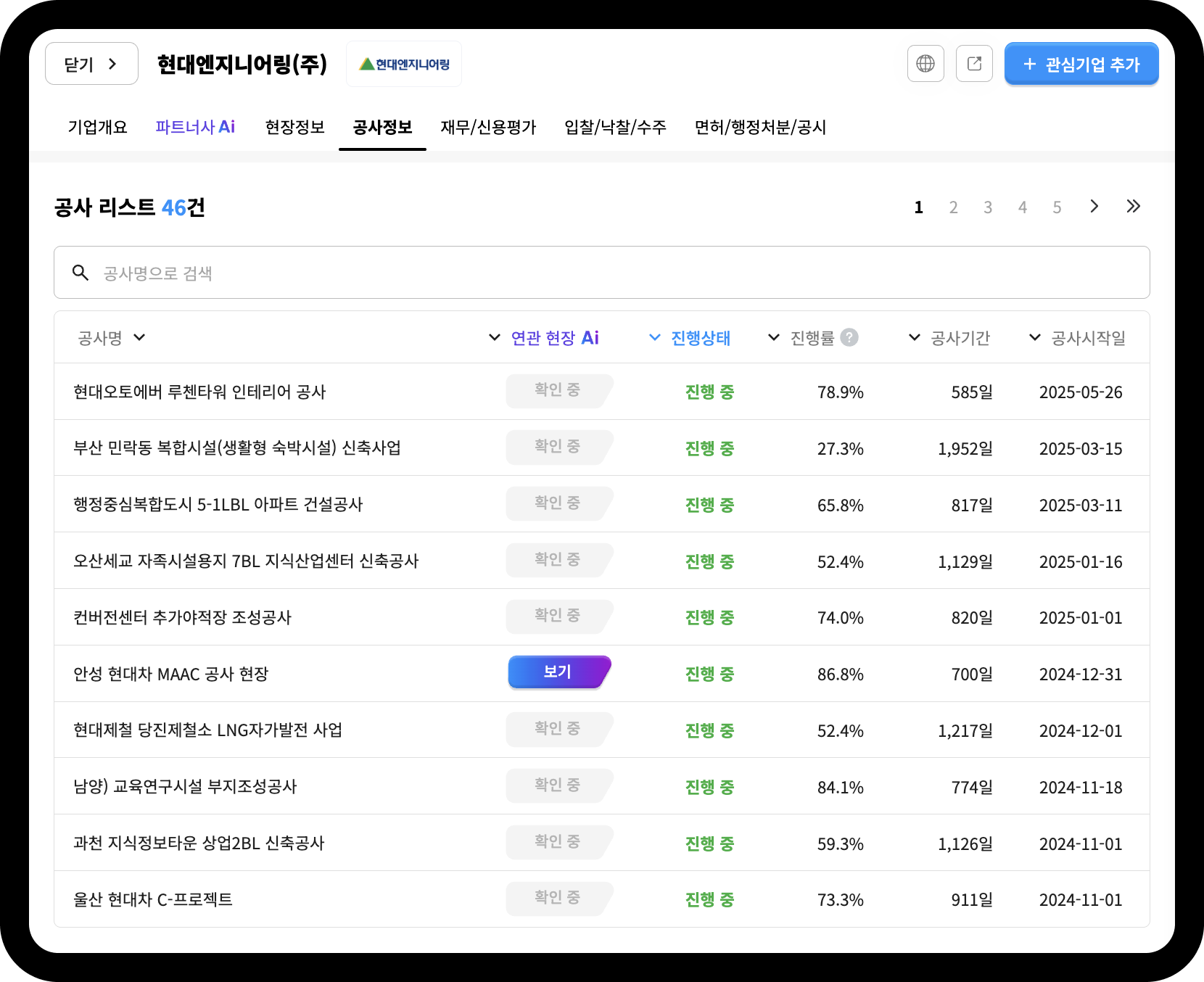 현대엔지니어링 공사 리스트 – 진행 중인 공사 46건, 안성 현대차 MAAC 공사현장 진행률 86.8%