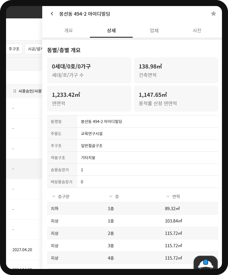 현장DB 동별·층별 개요 – 주구조 일반철골구조, 지하 1층 89.32㎡·지상 1~4층 103.84~115.72㎡