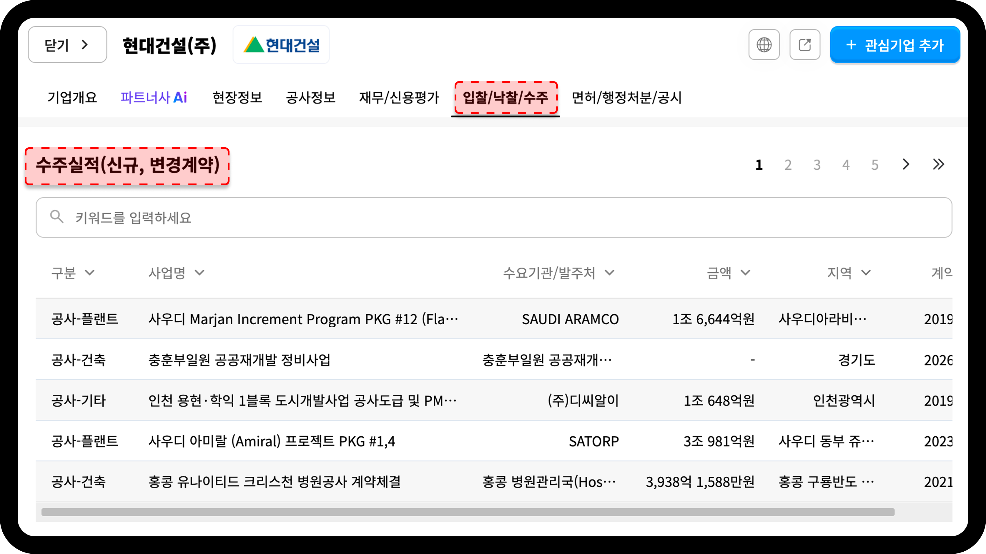산업의역군 현대건설 입찰낙찰수주 화면