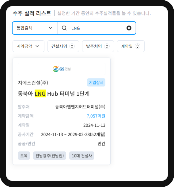 산군 수주DB LNG 검색 결과 – GS건설 동북아 LNG Hub 터미널 1단계 7,057억원, 계약일 2024-11-13