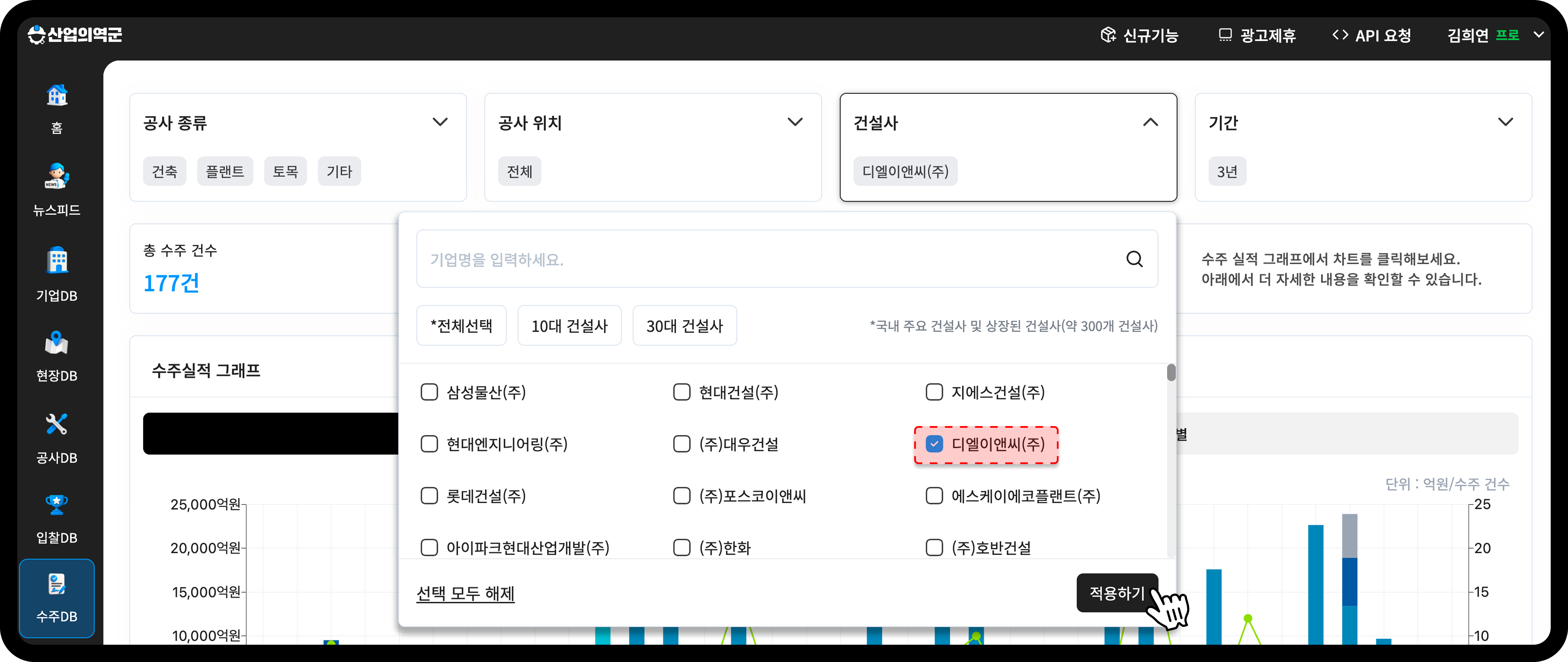 산업의역군 수주DB DL이앤씨 수주 현황 그래프
