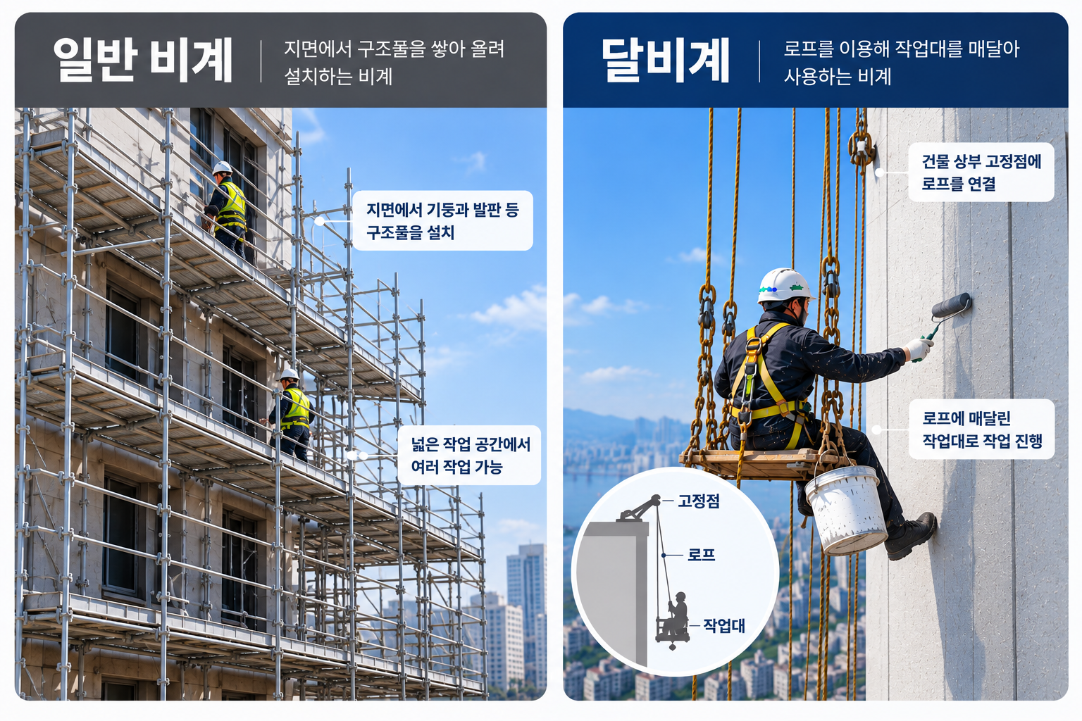 일반 비계와 달비계의 설치 방식 비교