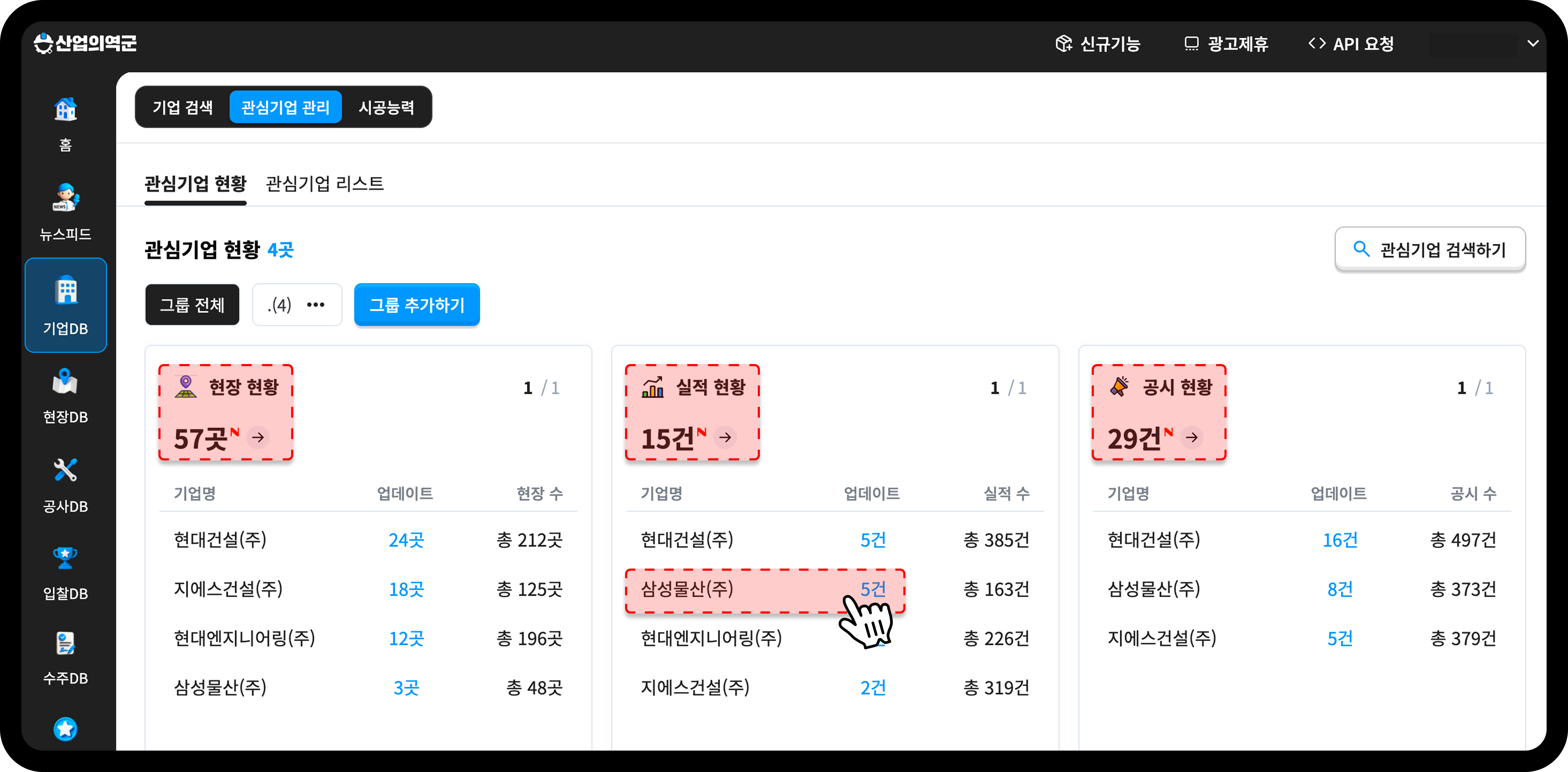 산업의역군 관심기업 신규 현장 실적 공시 업데이트 현황