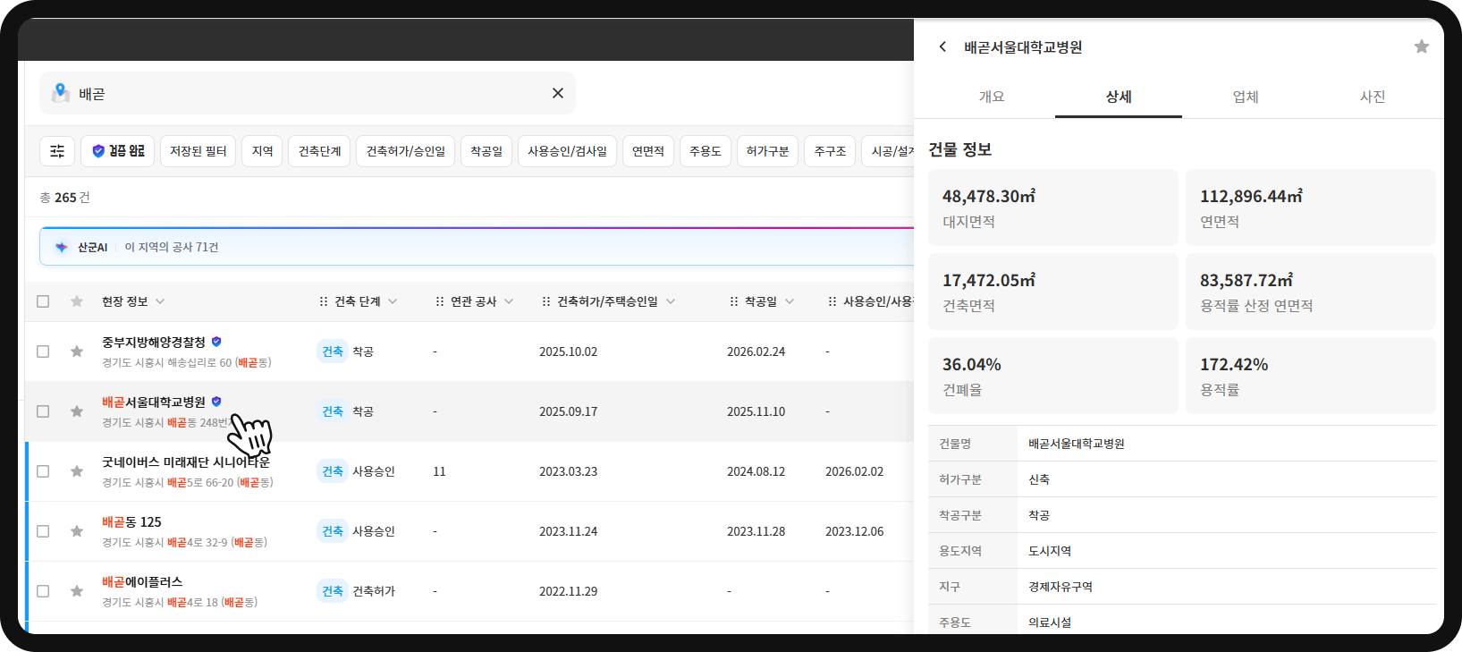 배곧서울대학교병원 건물정보 – 대지면적 48,478㎡·연면적 112,896㎡·건폐율 36.04%·용적률 172.42%