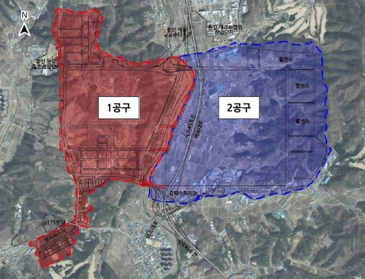 용인 반도체 클러스터 국가산단 조성공사 위치도 – 1공구(약 345만㎡)·2공구 구역 구분