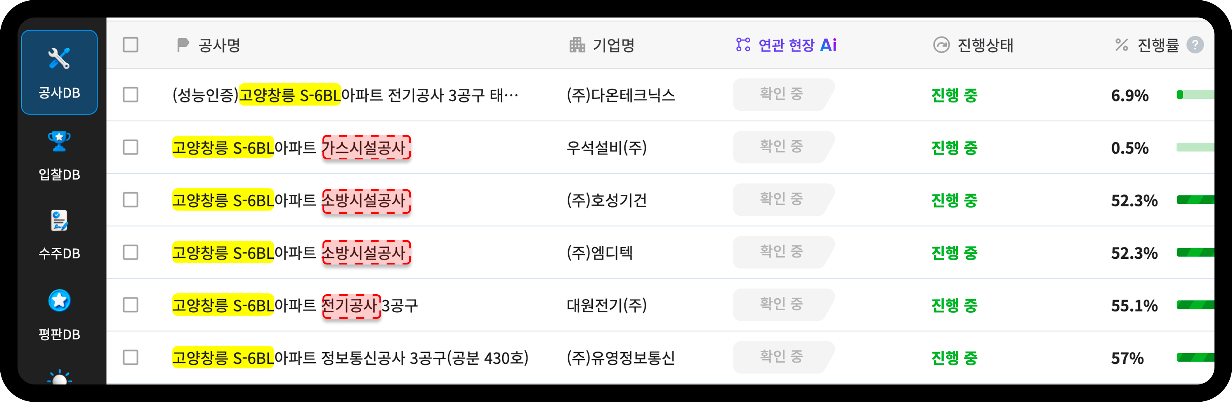 의역군 공사DB 고양창릉 S-6블록 가스시설 소방시설 전기공사 진행률
