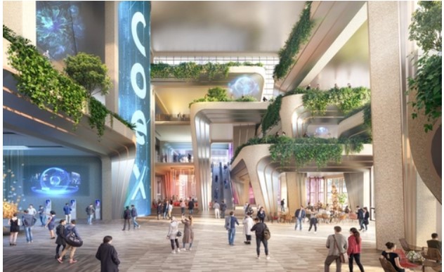 코엑스 리모델링 실내 조감도 – COEX 수직 사인과 녹지 테라스가 있는 중앙 아트리움