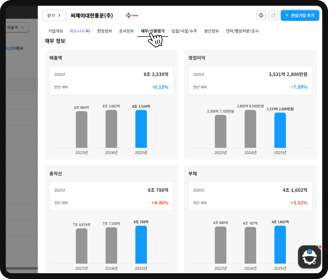 CJ대한통운 재무정보 – 2025년 매출 8조 3,539억, 영업이익 3,531억, 부채 4조 1,602억