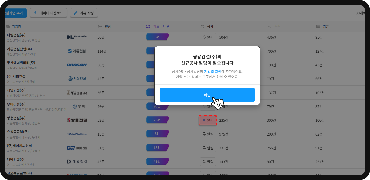 기업DB 기업별 공사 알림 기능 – 쌍용건설 신규공사 알림 발송 안내 팝업