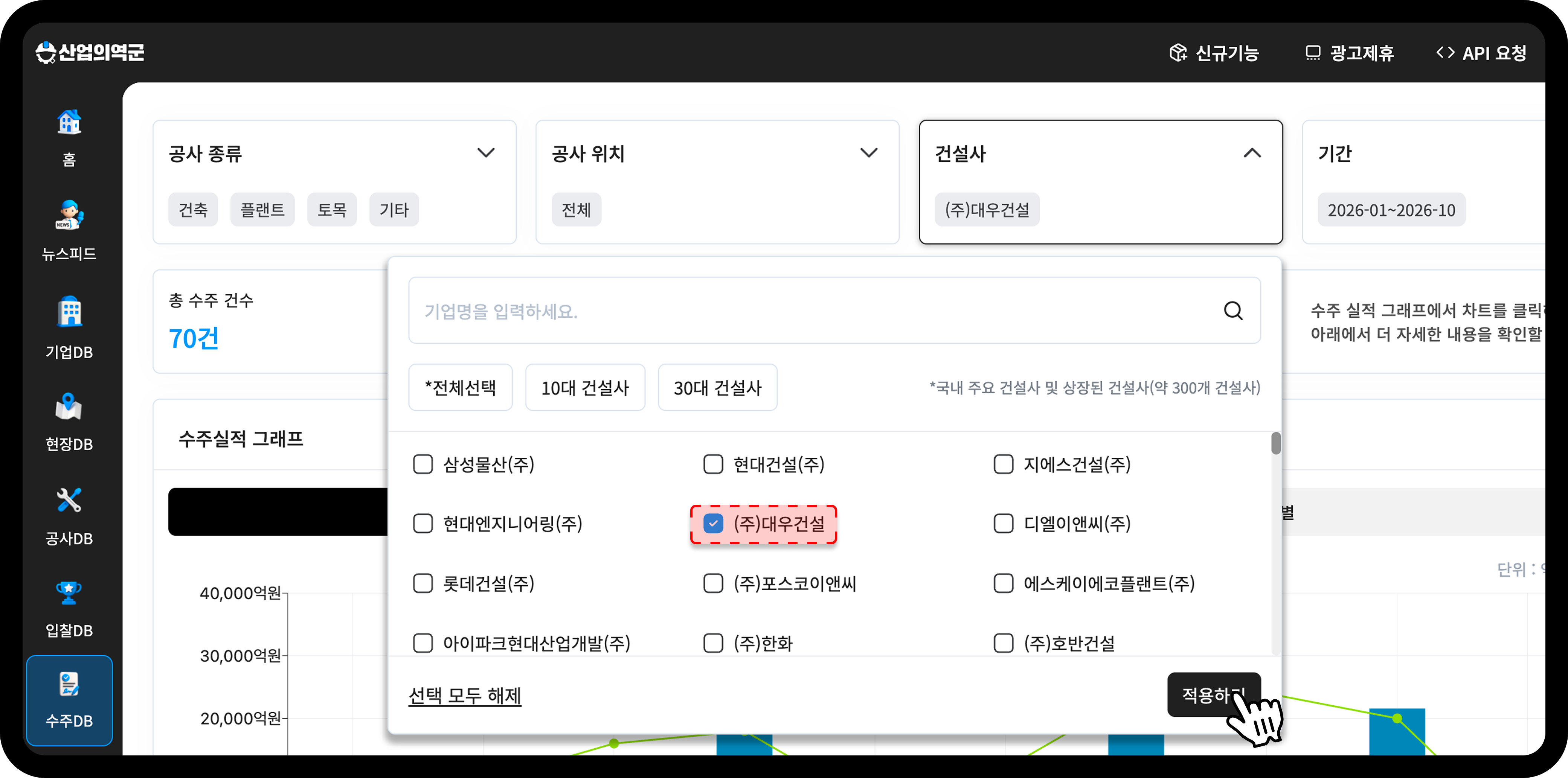  산업의역군 수주DB 건설사 필터에서 대우건설 선택 화면