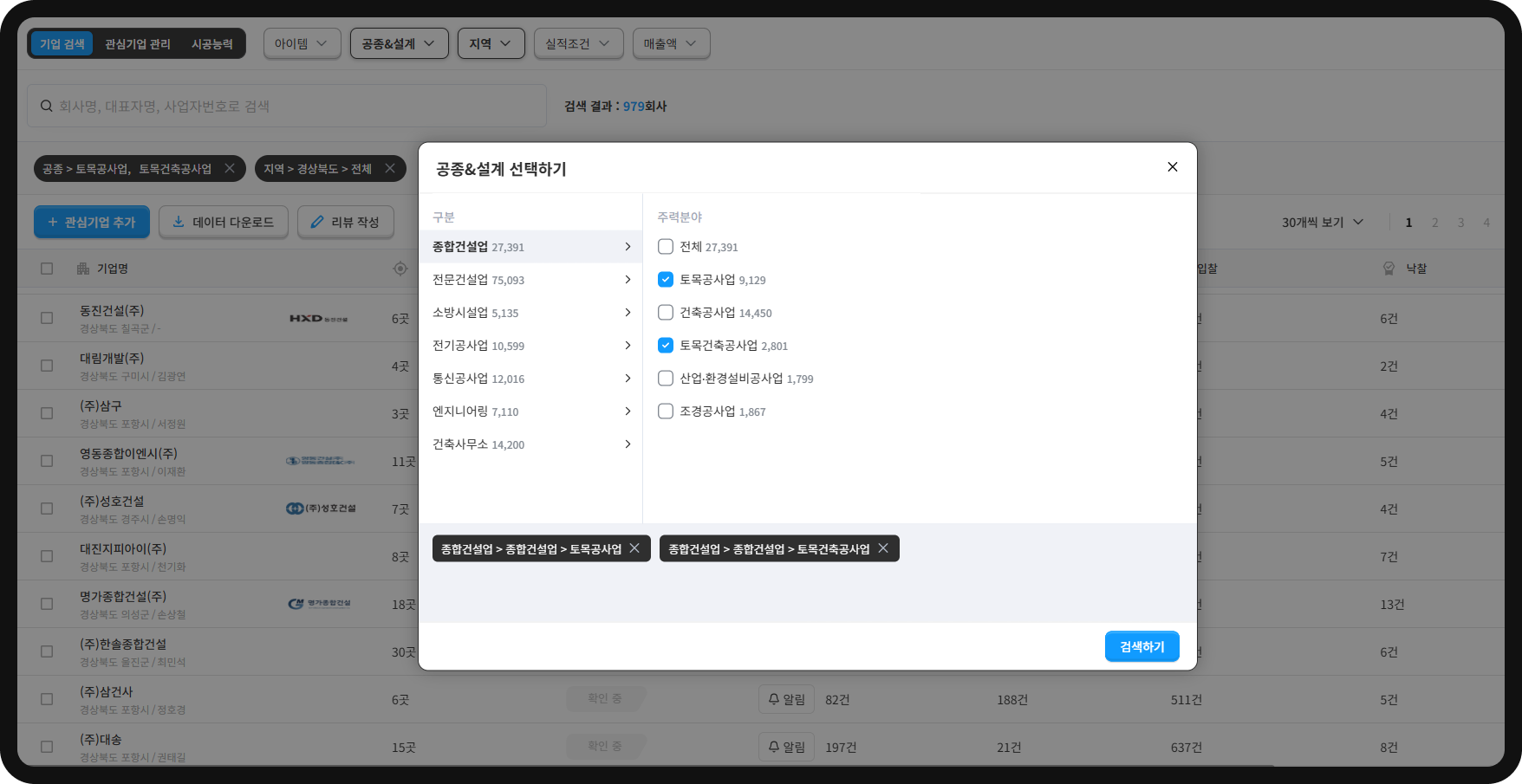 기업DB 공종·설계 선택 필터 – 종합건설업 토목공사업 9,129곳·토목건축공사업 2,801곳 선택, 결과 979회사