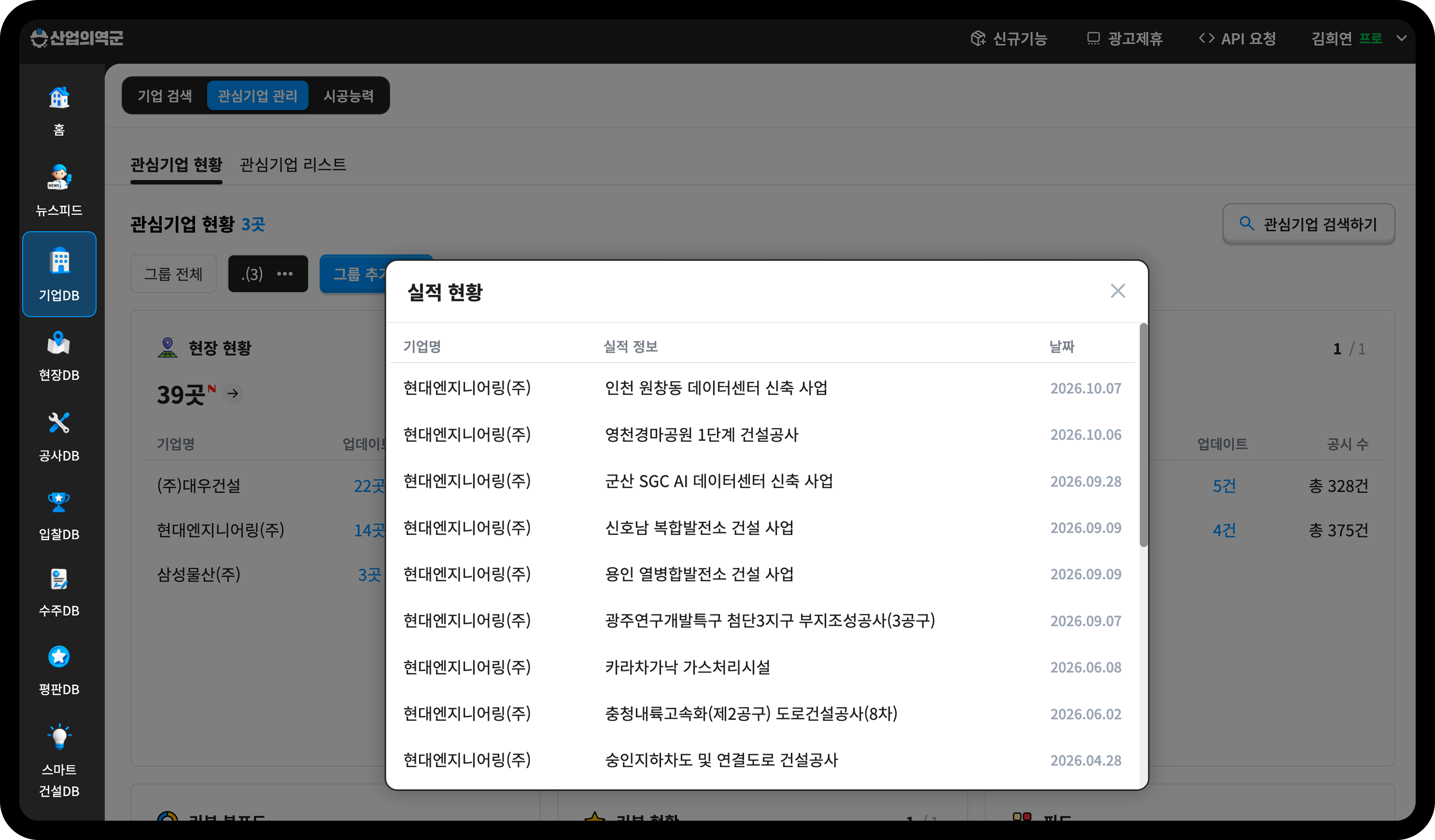  산업의역군 관심기업 현대엔지니어링 실적 현황 상세 목록