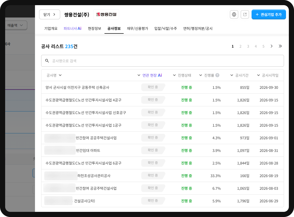 쌍용건설 공사 리스트 – 총 235건, 수도권광역급행철도 C노선 1·4·6공구 등 2026년 신규 착공 현장