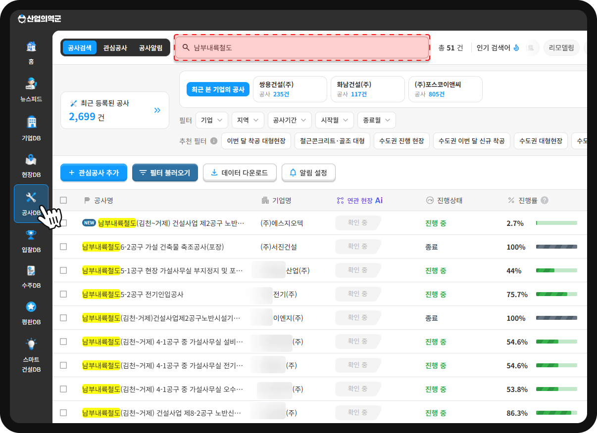 산업의역군 공사DB 남부내륙철도 검색 결과 – 총 51건, 공구별 시공사·진행상태·진행률