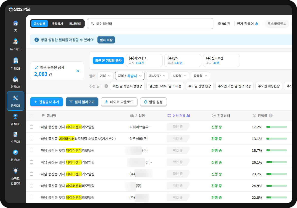 하남시 데이터센터 공사 검색 결과 – 총 96건, 하남 풍산동 엣지데이터센터 리모델링 진행률 13~26%