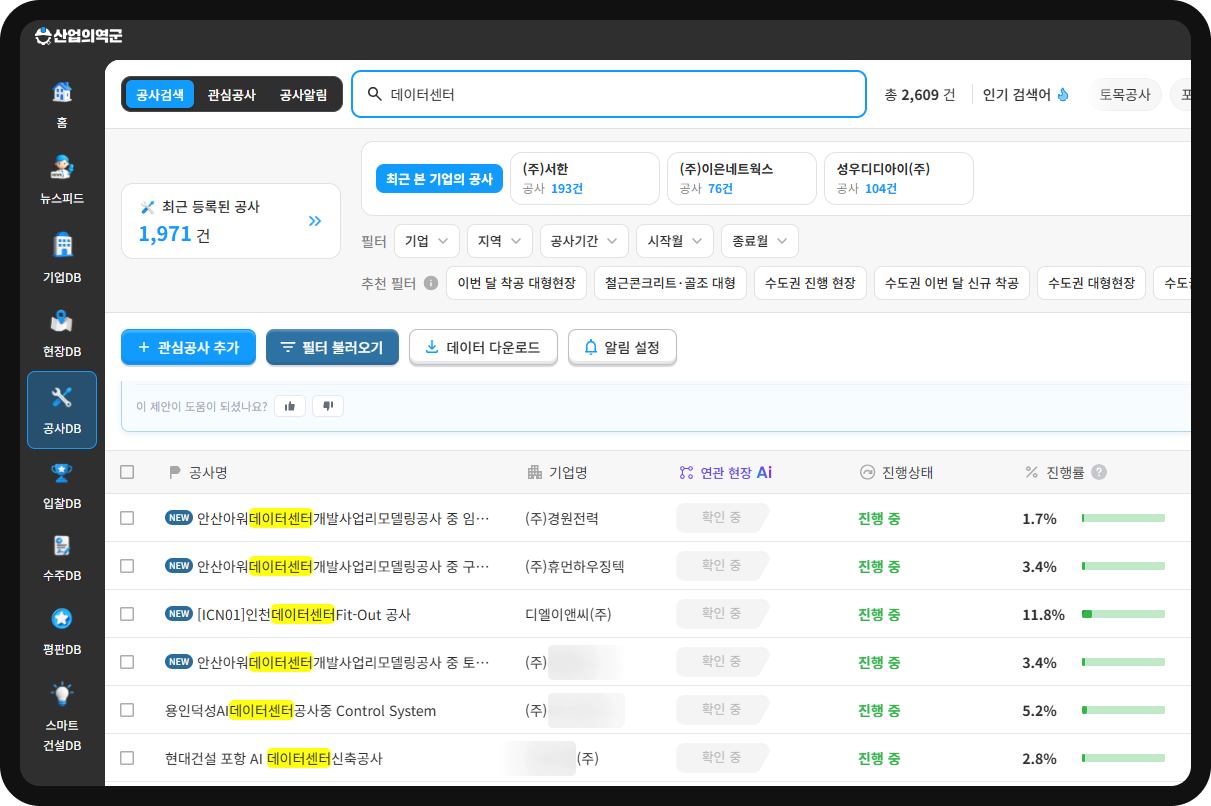 산군 공사DB ‘데이터센터’ 검색 결과 – 전국 2,609건, 안산·인천 Fit-Out·용인·포항 AI 데이터센터 공종별 공사 리스트