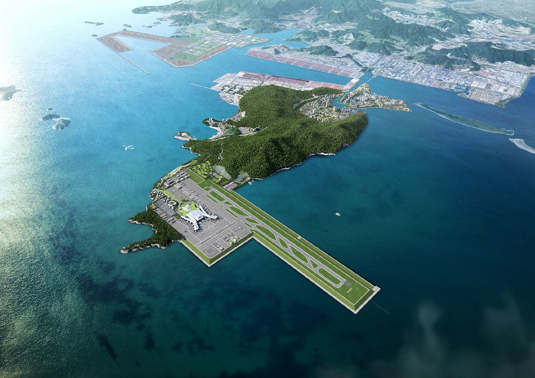 가덕도신공항 조감도 – 해상 매립 활주로와 여객터미널, 부산신항 배후 전경