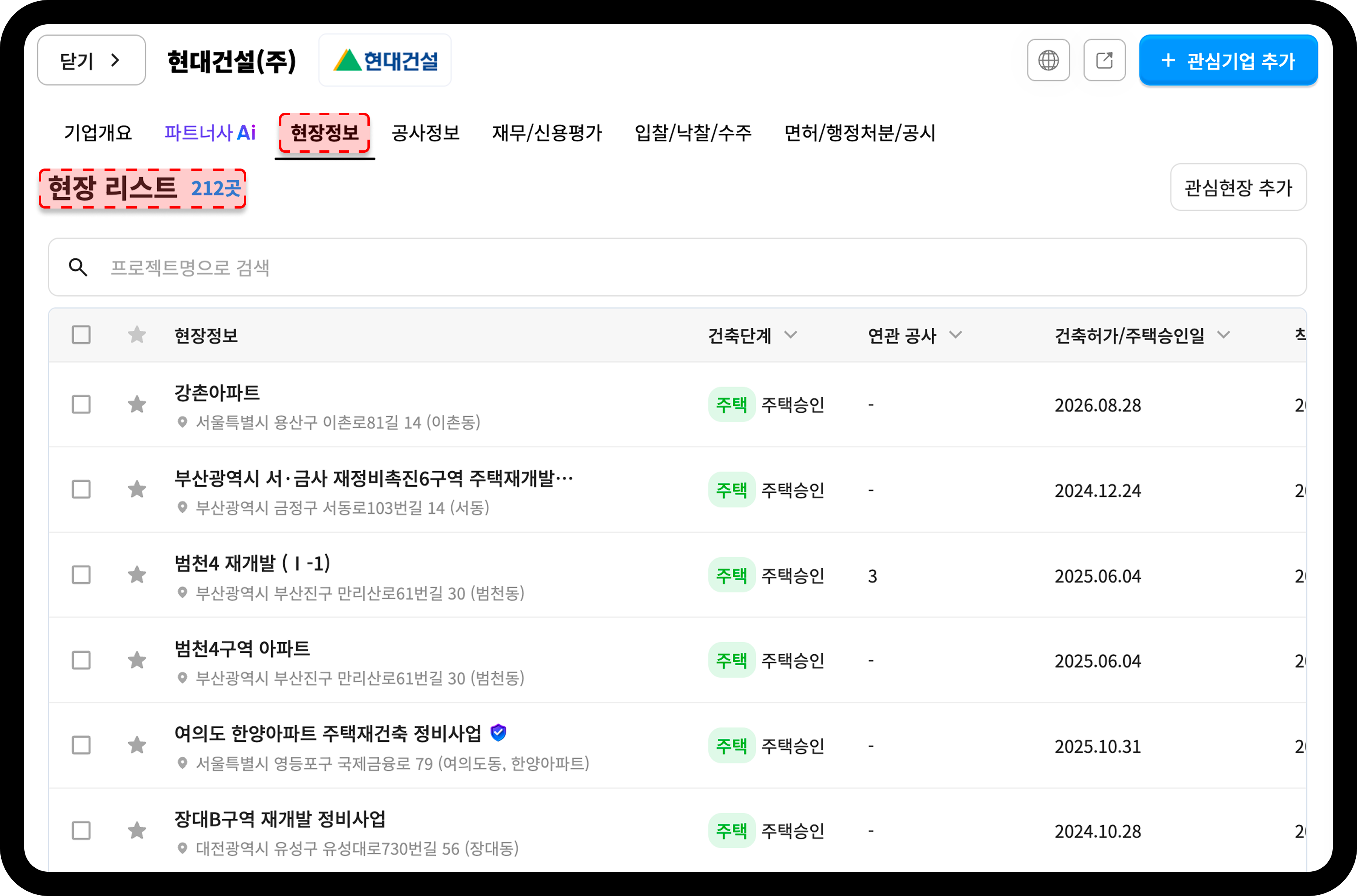 산업의역군 기업상세 현대건설 원도급 현장정보 탭 화면