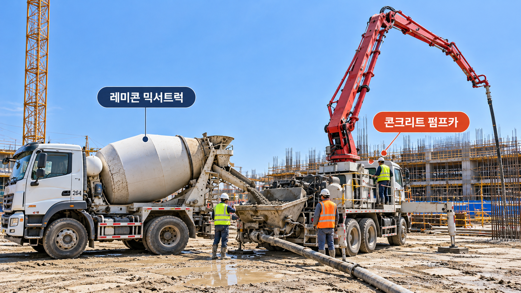레미콘 믹서트럭과 콘크리트 펌프카 (제작: 생성형 AI 활용)